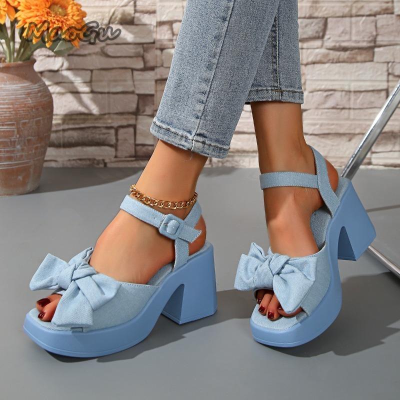 2025 Summer Women's Sandals Platform Bow Tie Buckle Strap Dress Sandals Chunky High Heel Shoes Blue Denim Outwear Shoes