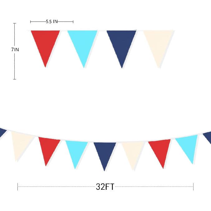 32Ft Red Blue White Nautical Pennant Banner Fabric Triangle Flag Bunting Garland Streamer for Nautical Theme Birthday Ahoy Achor Pirate Baby Shower