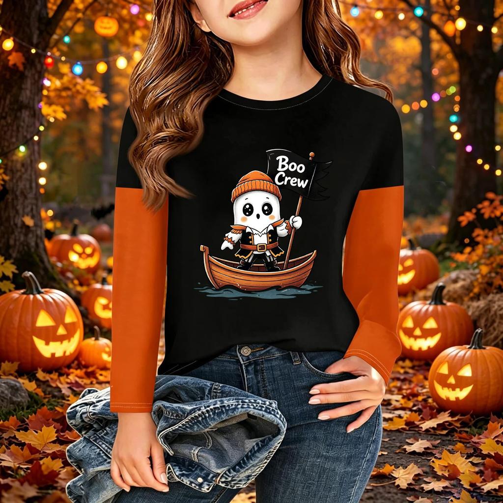 Children's Halloween Printed Long Sleeve Round Neck Casual Base Layer Shirt for Boys and Girls