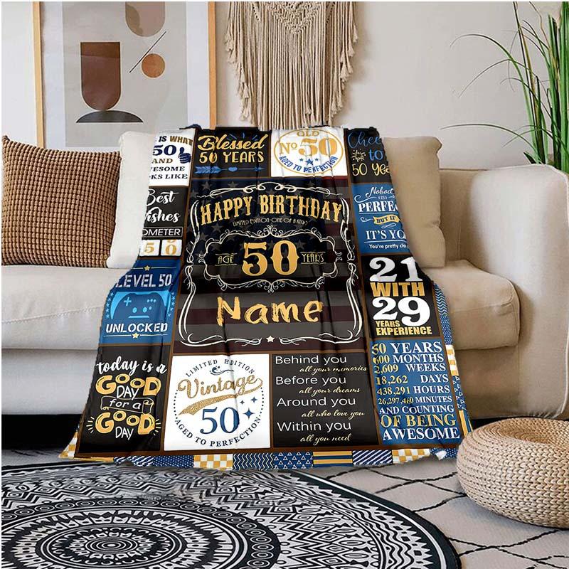 Happy 50Th Birthday Blue Customize Your Name Blanket Used For Chair Office Sofa Bed Camping Soft And Warm Giving Friends And Relatives Birthday