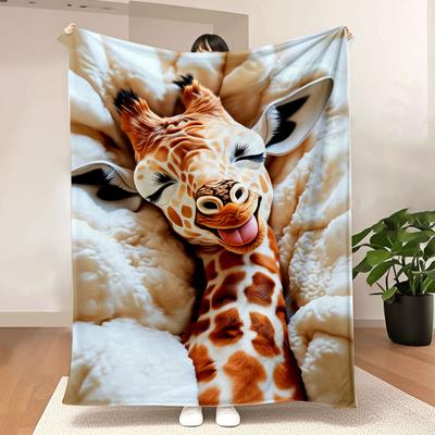 Cute Cartoon Baby Giraffe Printed Quilted Blanket - Fluffy White Cozy Throw with Rounded Puffy Folds, Perfect for Warm & Comfort