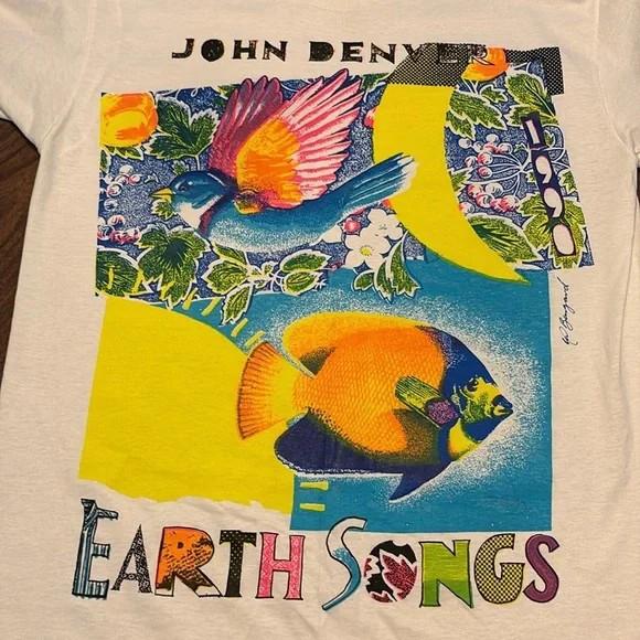 John Denver VINTAGE Large 1990 Earth Songs White T Shirt PNA_180  Unisex T-Shirt XXL