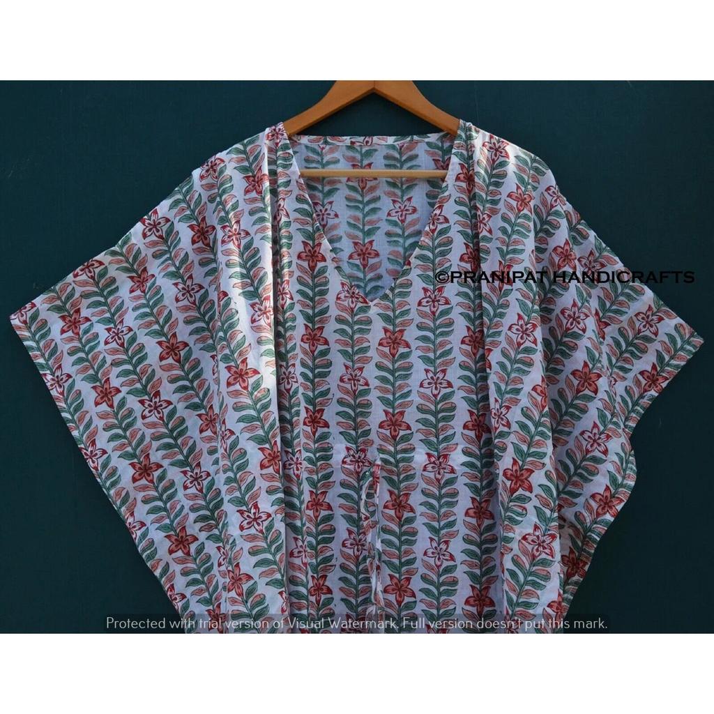 Damen Hippie Baumwolle Sommer Nachtwäsche Blumendruck Weiß Langes Maxi Kaftan Kleid CKFTN-SCRN-FULL-BUYIT-097