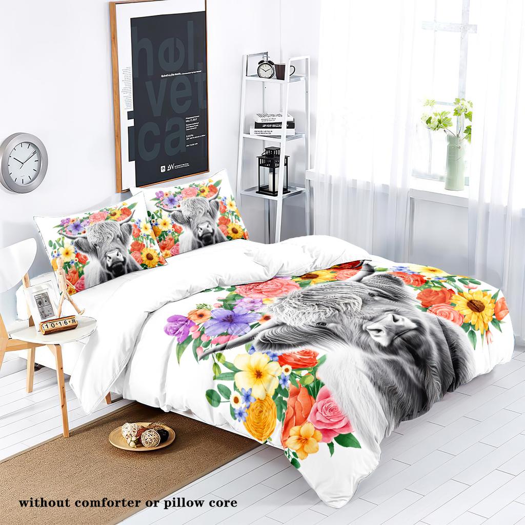 3-piece rural farm style cow flower pattern printed down duvet cover (1 duvet cover+2 pillowcases, no core) bedding set