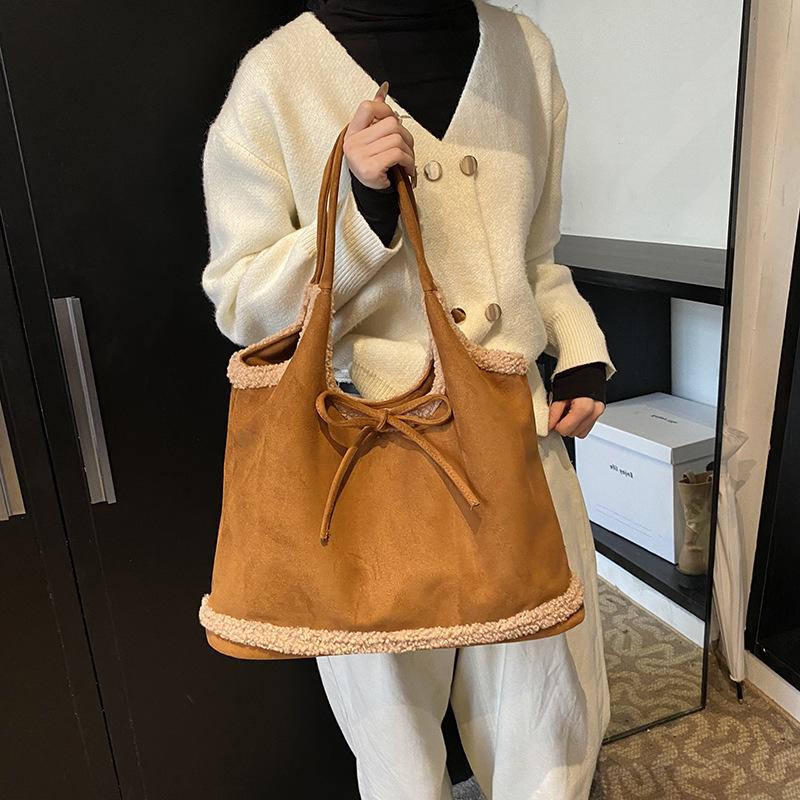 Lamb Wool Splicing Armpit Bag Bow Retro Lazy Large Capacity Shoulder Commuter Tote Bag