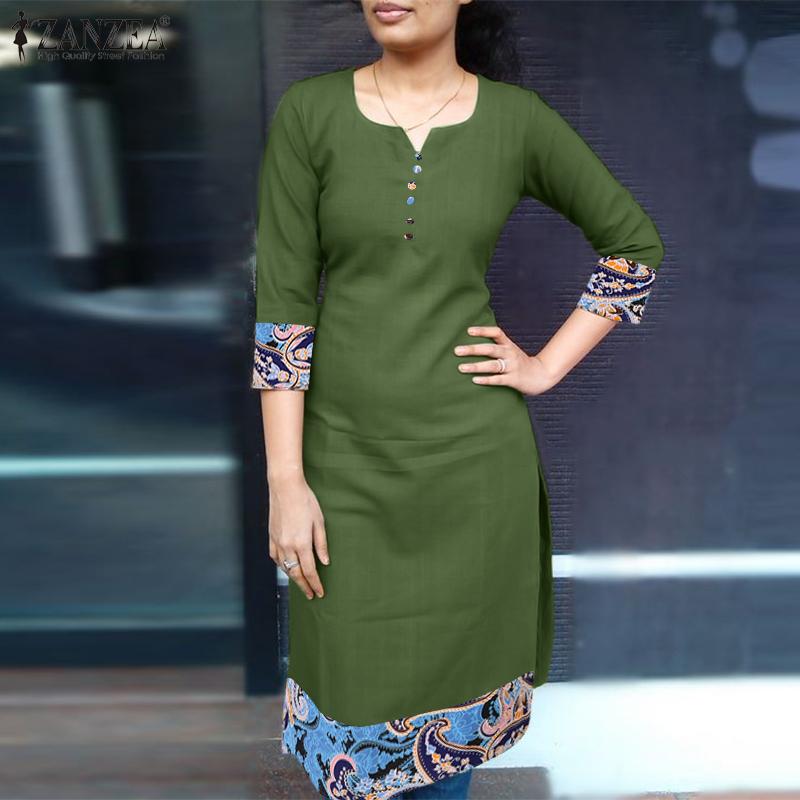 

ZANZEA женская летняя блузка с квадратным вырезом, рукавами 3/4 и пуговицами с принтом и боковым разрезом на талии