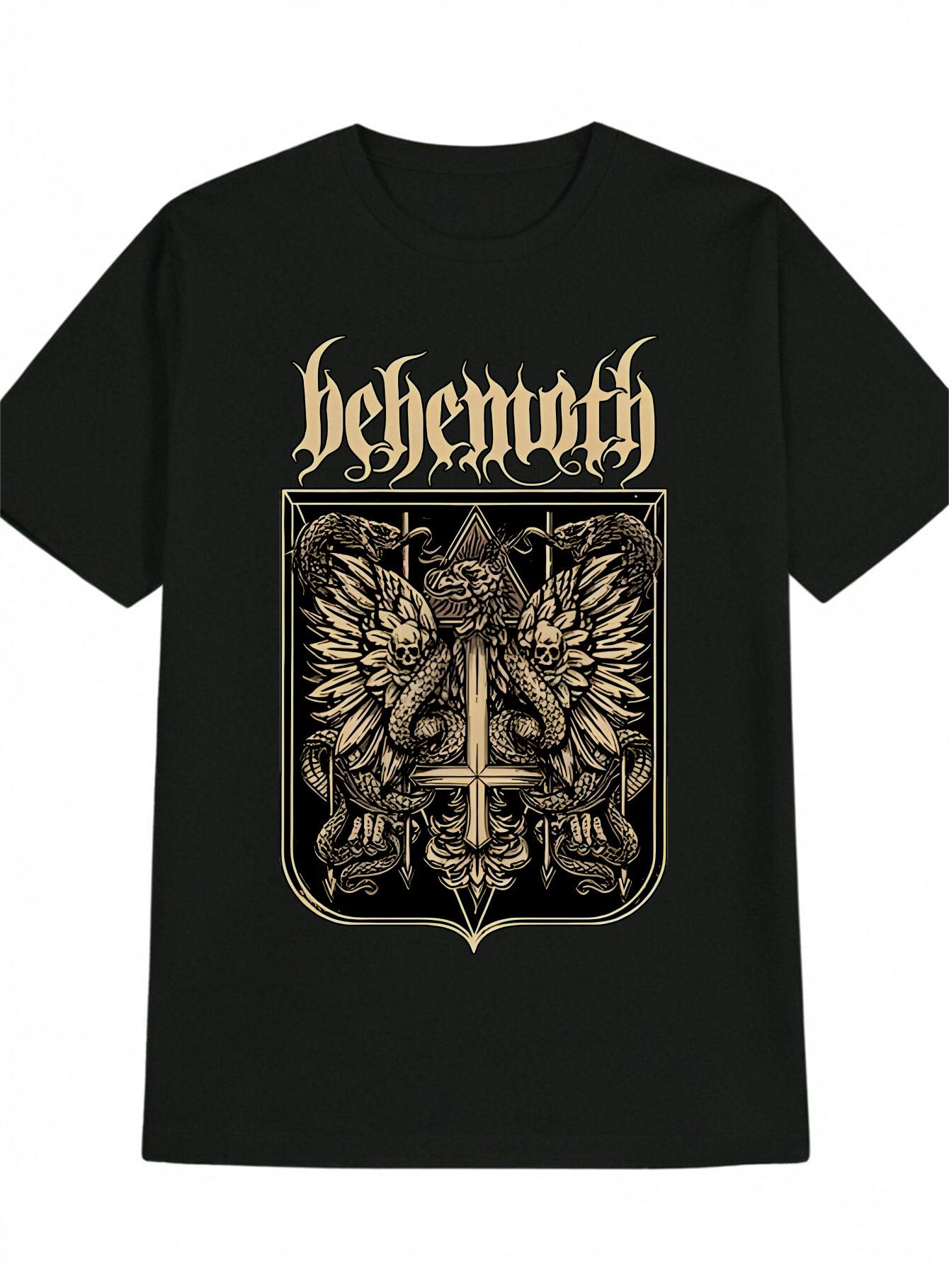 Casual Crew Neck T-shirt with Behemoth Cross & Wings Graphic Print - Black XXL