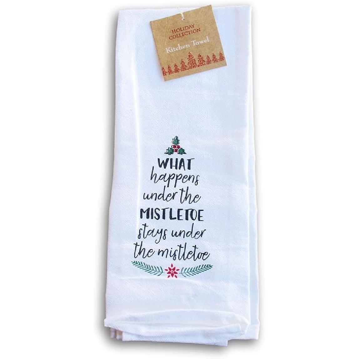 Christmas Time Festive 100% Cotton Christmas Holiday Kitchen Tea Towel - 15 x 24 Inches (What Happens Under The Mistletoe Stays Under The Mistletoe), What Happens Under the Mi