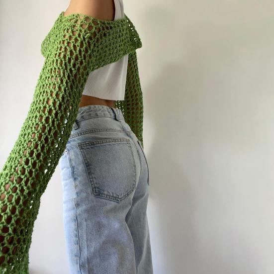 Dámský svetr zahalovací háčkovaný úplet vyhloubený oříznutý top Stylová pohodlná halenka Streetwear na podzim