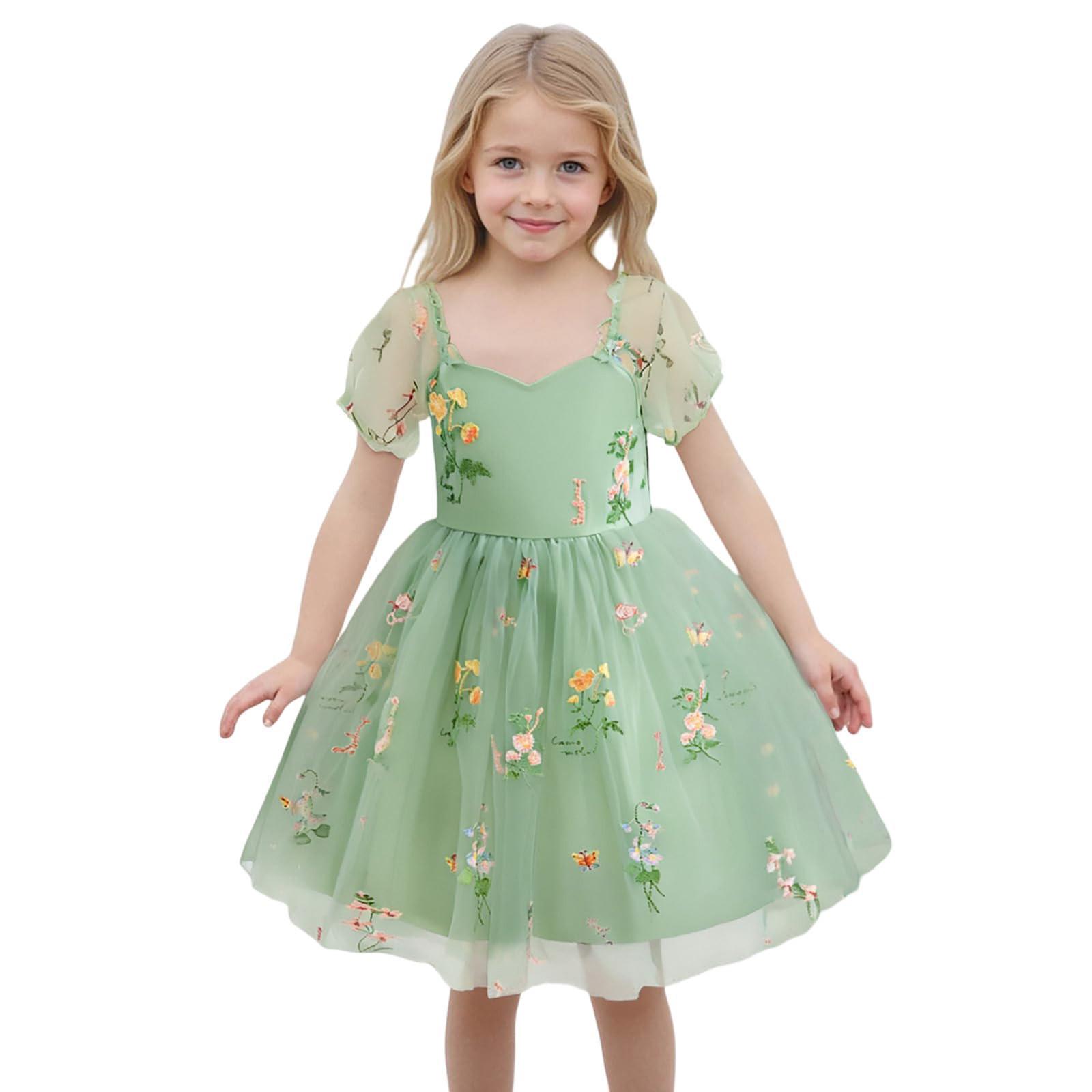 

Модные платья принцессы с рукавами-пузырями для девочек, милые сетчатые платья с цветочной вышивкой 5Y зелёный