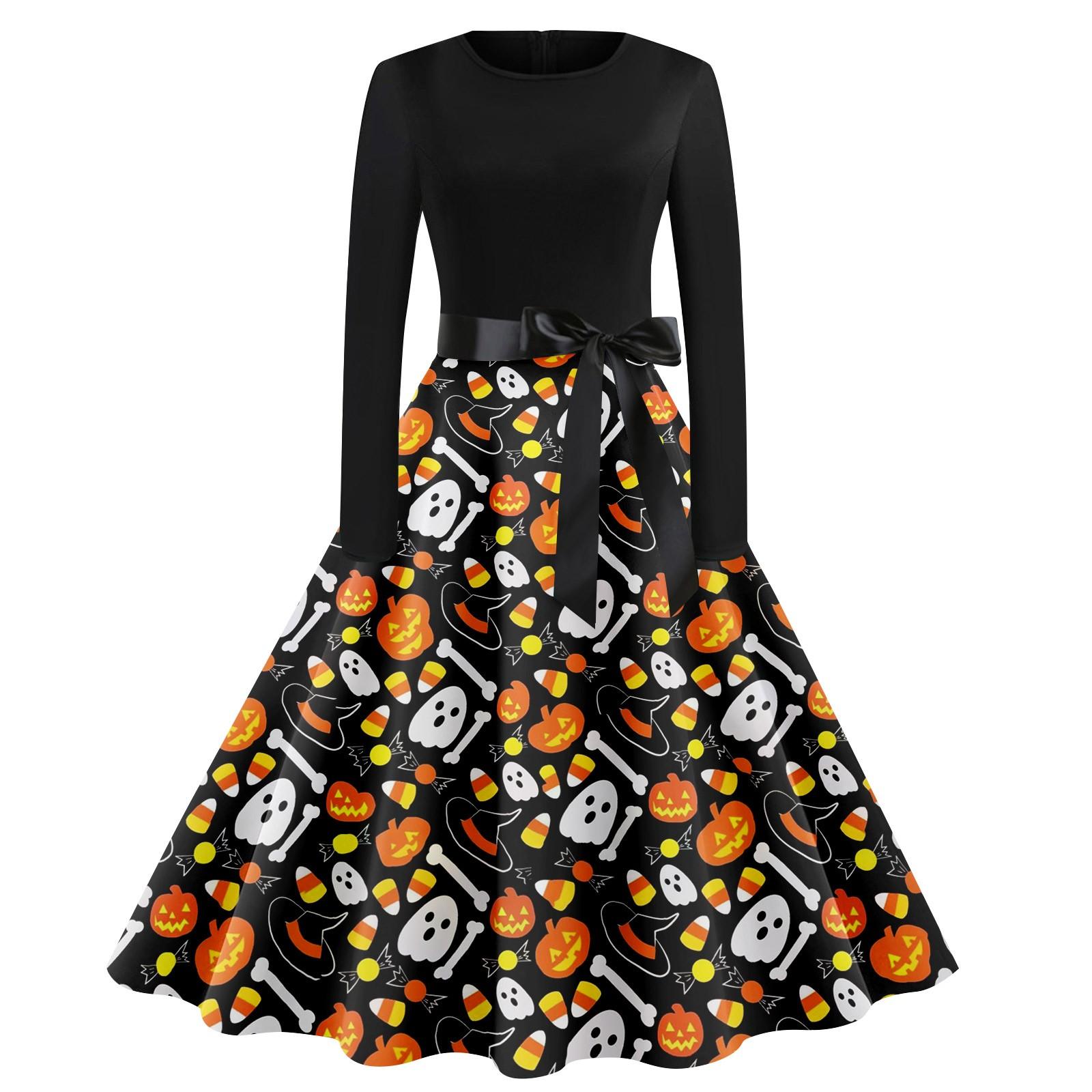 

Женское платье с круглым вырезом и длинными рукавами с принтом на Хэллоуин и большим свободным облегающим платьем XL жёлтый