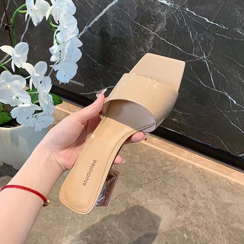 [sheii Su Yinyin] Nanfeng Zhiyi~ Square Head Rhinestone with Transparent Crystal Thick Heel Slippers Women's Sandals Outside