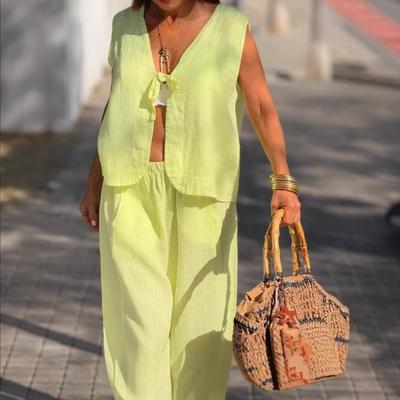 Women's Linen Sleeveless Tie Front  Wide Leg Pants Set 2 Piece Casual Summer Loungewear