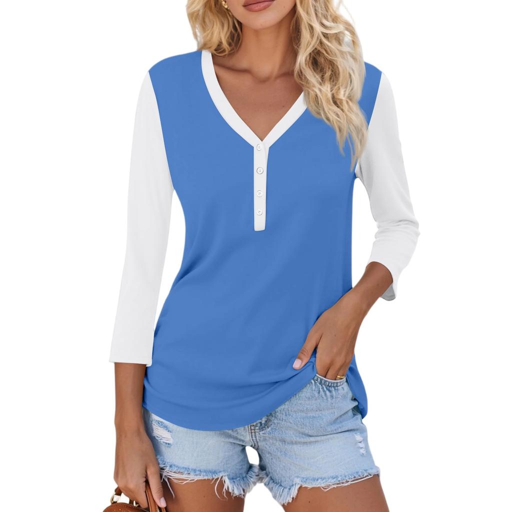 Women's Casual Fashion Sexy Comfortable V-neck Button Stitching Color Three-quarter Sleeve Top