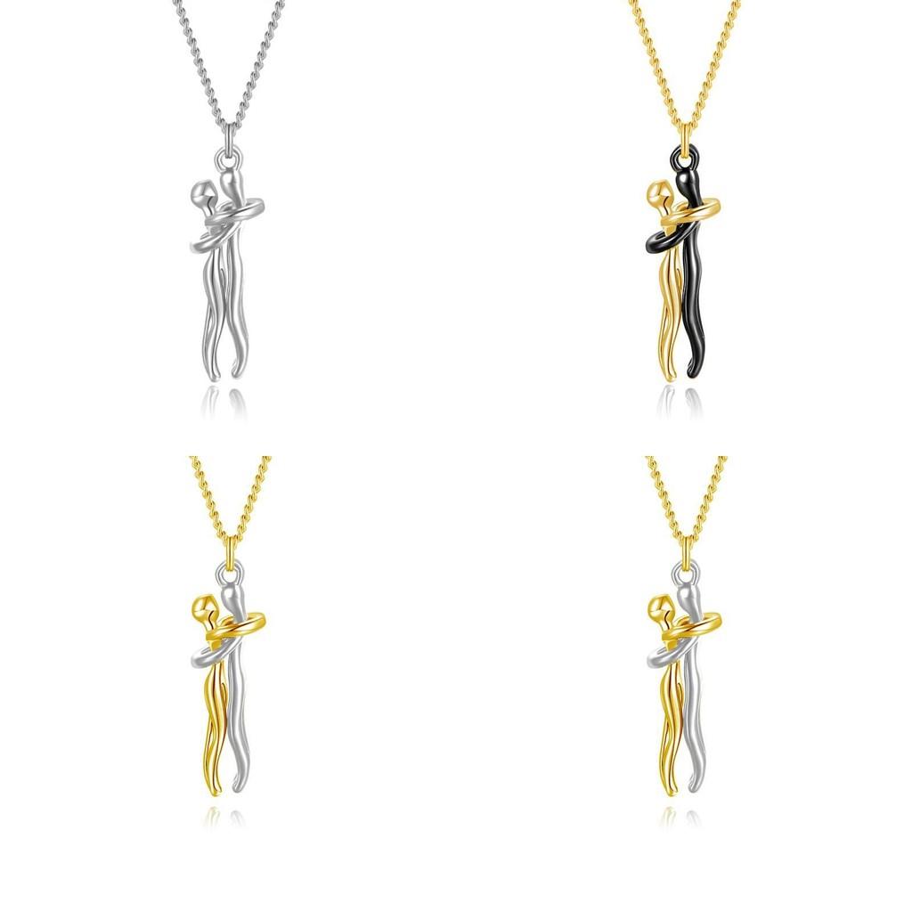 Romantic Couple Embrace Necklace Geometric Design 925 Silver Pendant Necklace