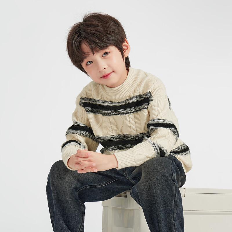 Мальчиковый жаккардовый вязаный свитер в черно-белую полоску 110