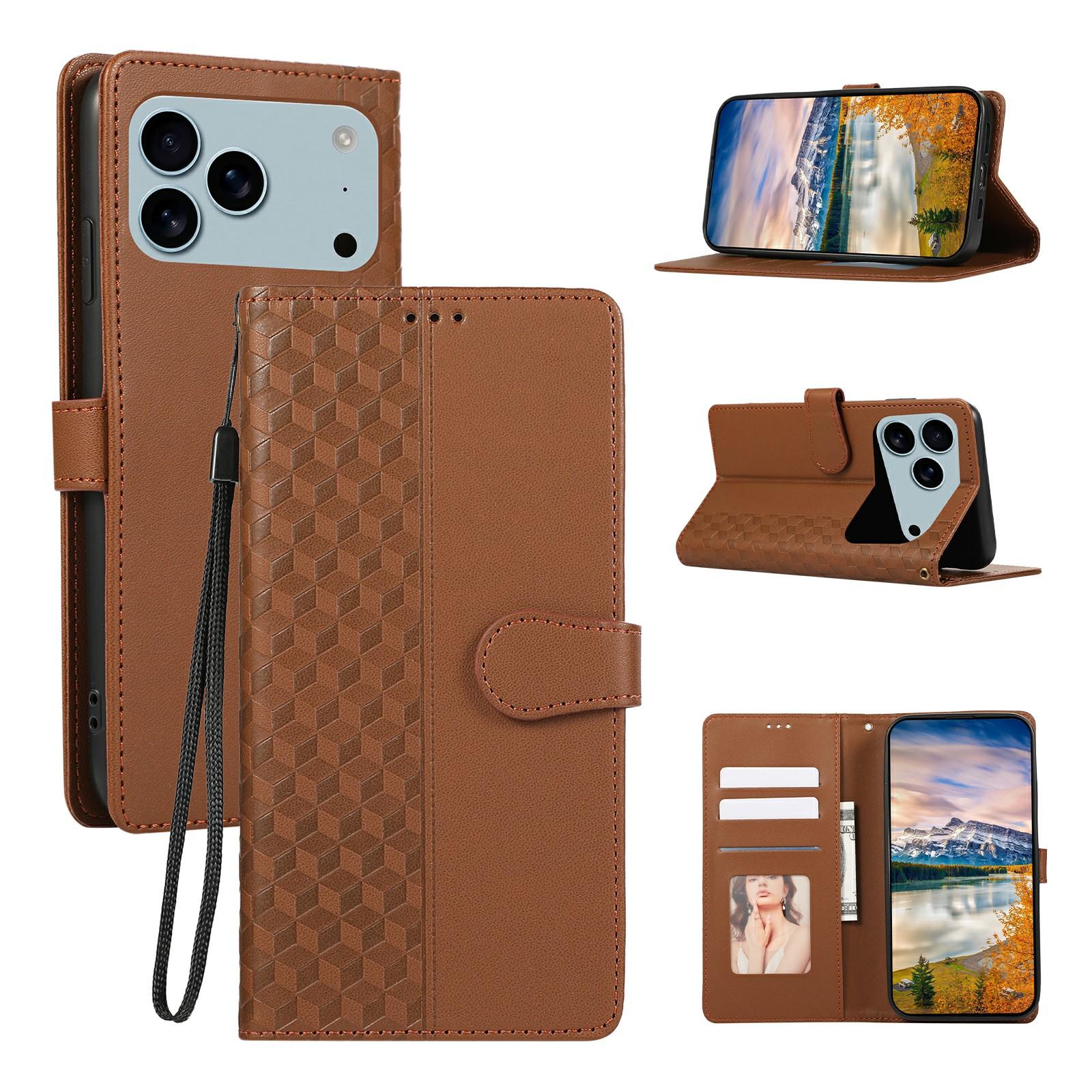 

For iPhone 17 Pro Case 3D Rhombus Grid Imprinted Wallet Leather Phone Cover with Lanyard Brown