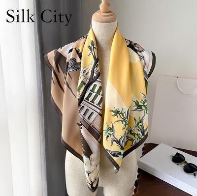 Lenços de seda luxuosos de alta qualidade, lenço de pescoço para mulheres, lenço de seda com corrente, xale decorativo feminino