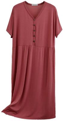 Ekieta Loungewear Cotton Solid Super Long Pajamas Women's Dress, Long, Blend, Comfortable, Simple, Color, Elastic, Sleeve, V-Neck,