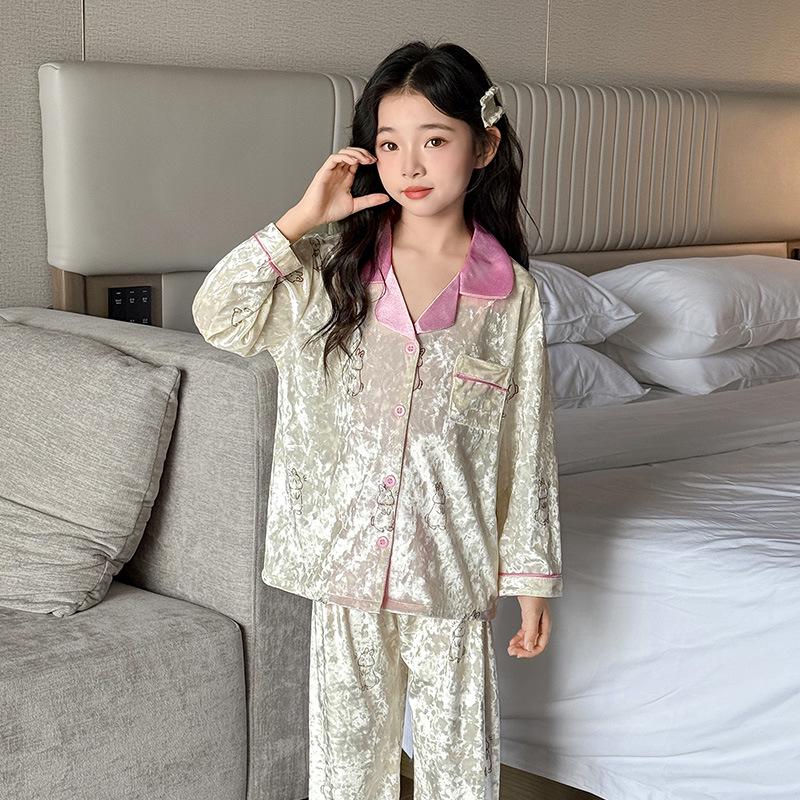 

Девочки Весна/Осень Золотой Велюровый Пижамный Комплект: Кардиган и брюки, тонкий велюровый повседневный костюм-двойка для детей среднего и старшего возраста. 150cm