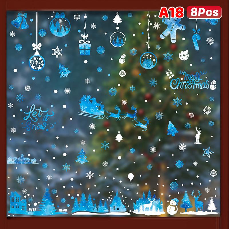 Weihnachtsfensteraufkleber Blauer Elch Statische Aufkleber Schneemann Schneeflocke Wandaufkleber Abziehbilder Frohe Weihnachten Feiertagsparty Aufkleber