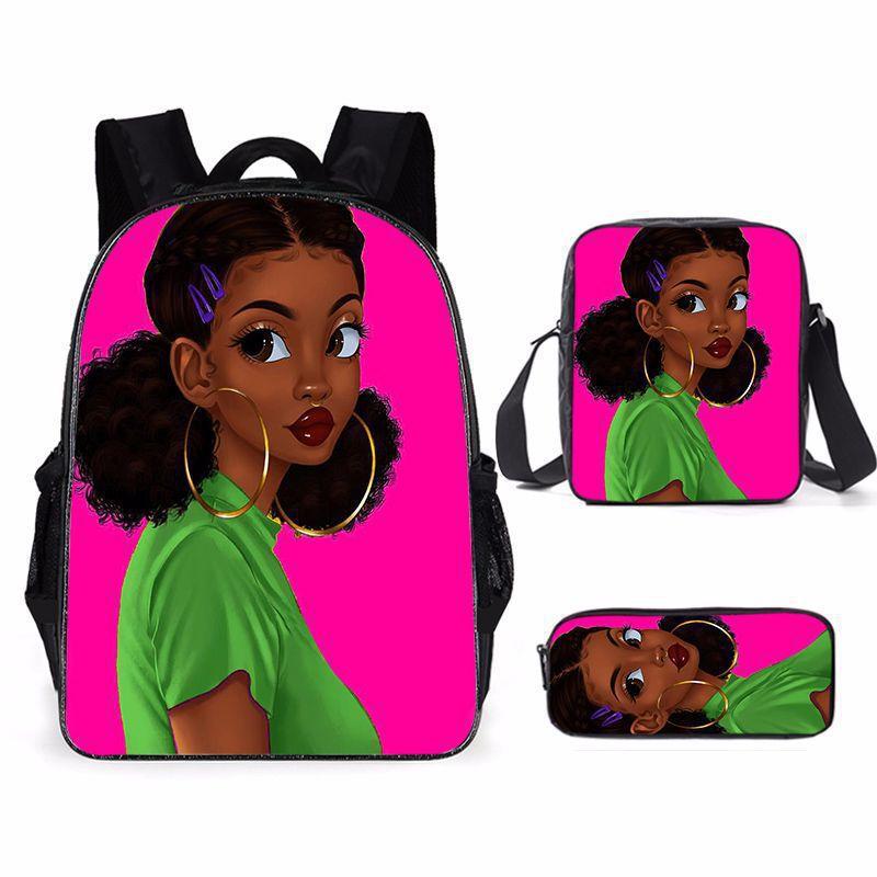 African Girl Schoolbag Three-piece Set, Primary School Students Backpack, Computer Bag, Large Capacity