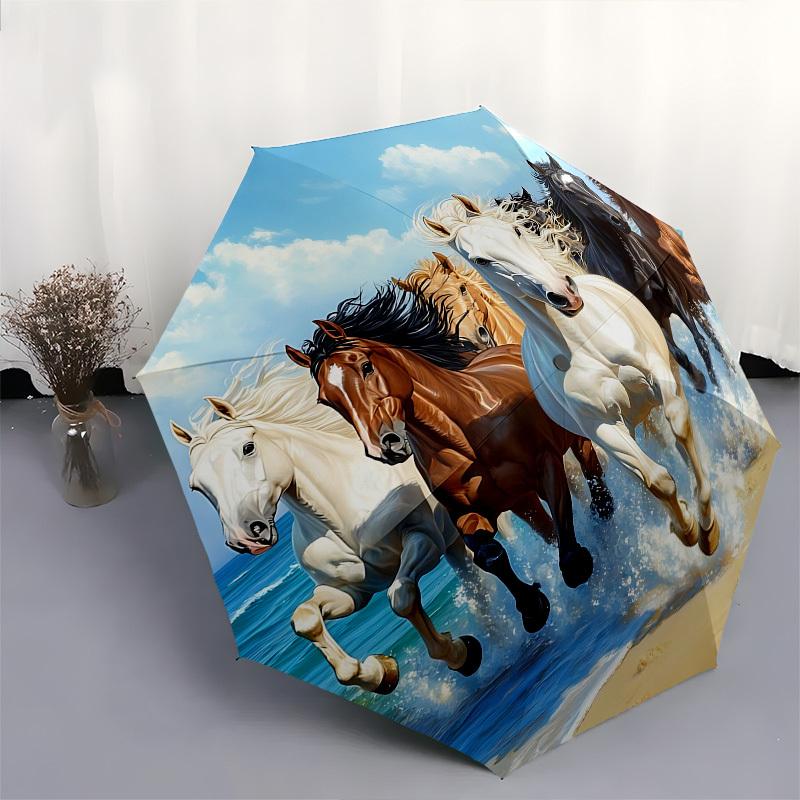 Horses,Beach Automatic Folding Umbrella Compact 8 rib Design,Unique Style,Suitable for Everyday Outdoor Use,Perfect Gift for Friends a