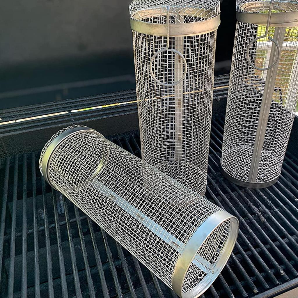 BBQ Basket Stainless Steel Rolling Grilling Basket Outdoor Camping Barbecue Grill Universal Metal Round Rolling BBQ Rack