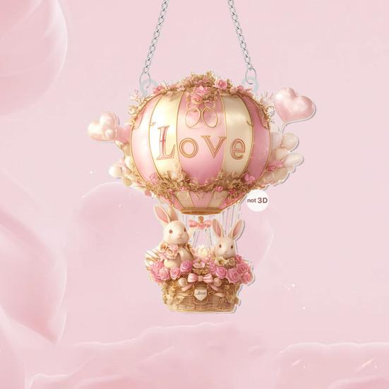 Ornament Agățat Love Acrilic 2D Balon cu Aer Cald și Iepurași Pandantiv Decor Romantic de Ziua Îndrăgostiților pentru Mașină Casă Ușă Fereastră Perete