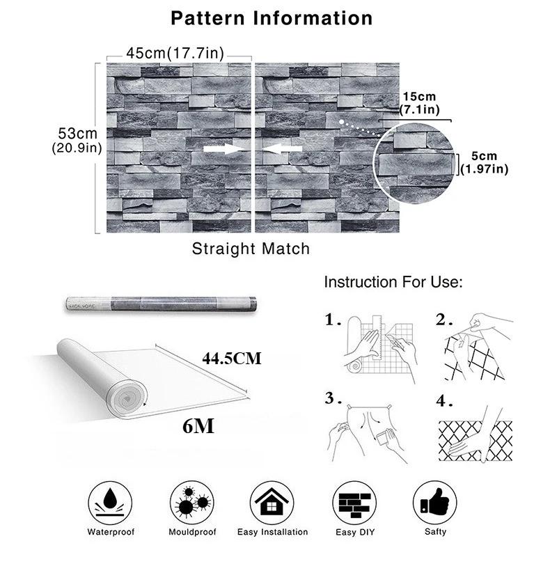 6M Retro 3D Stone Wall Stickers Self-Adhesive Removable Thickened Brick Pattern Peel Stick for Cafe Bedroom Bathroom Wall Decor