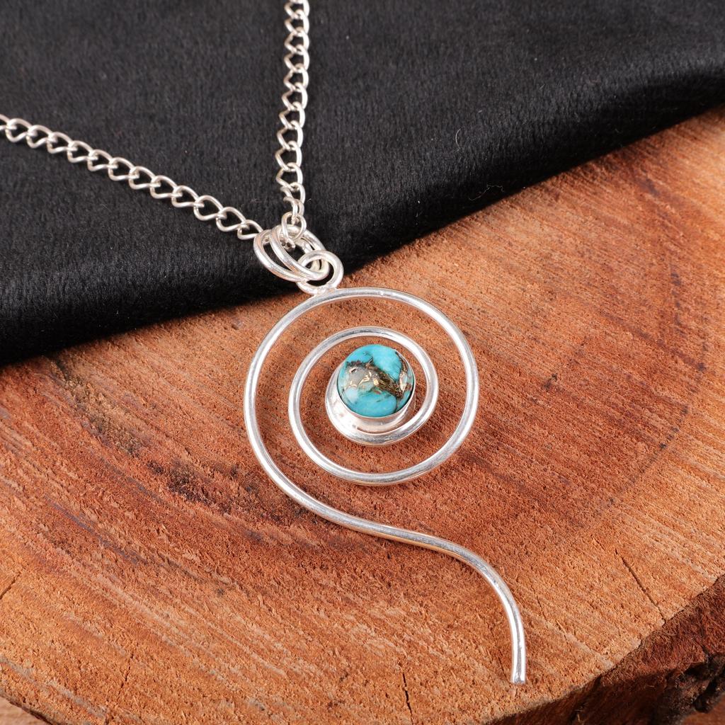 Blue Copper Turquoise Pendant, Handmade Gemstone Pendant, 925 Solid Sterling Silver Pendant Designer Women Jewelry, Gift for Her