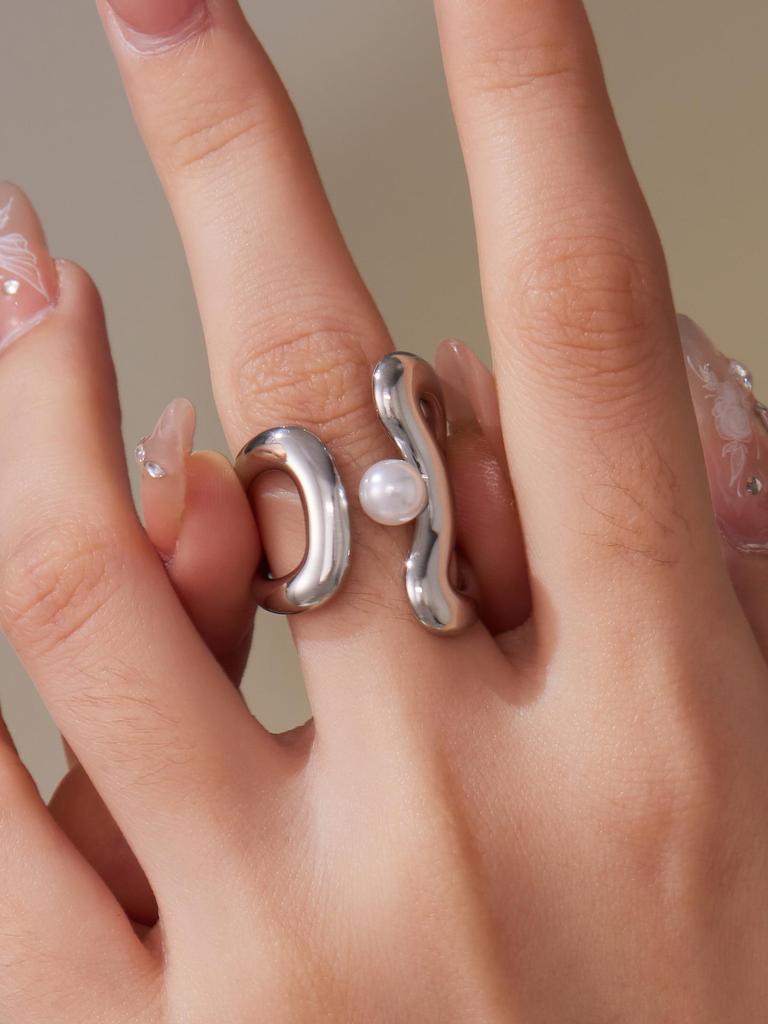Oumaijia Stainless Steel Geometric Pearl Open Ring - Fashionable Non-fading Jewelry