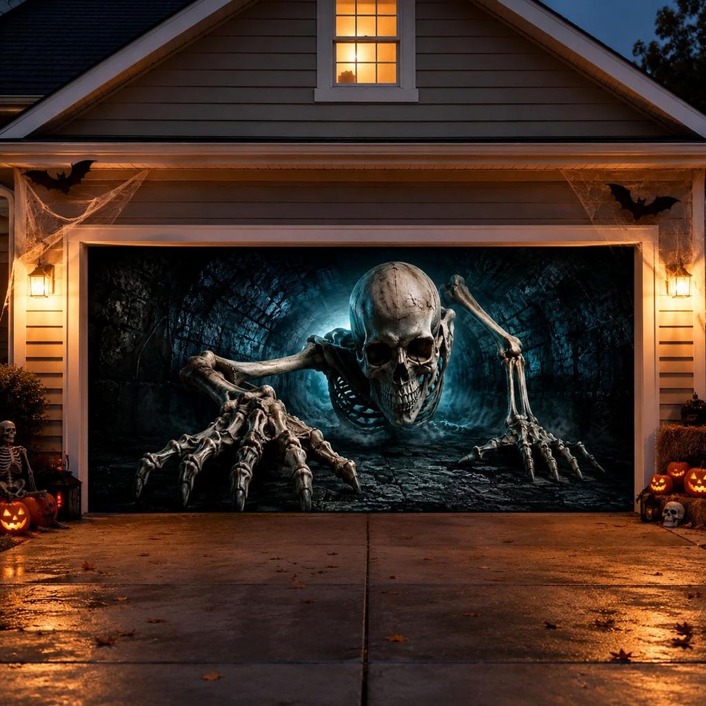 7 x 16 FT Halloween Garage Door Cover Giant Scary Skeleton Backdrop Banner Ha...