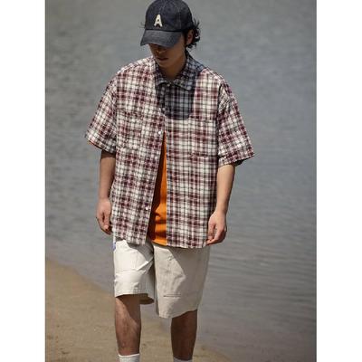 Checkered Shirt Men'S Summer Japanese Retro Loose Casual Five Quarter Sleeved Shirt American High Street Trendy Brand Jacket