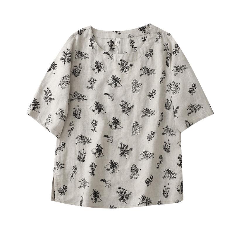 Floral Cotton Linen Mid-Sleeve Round Neck T-Shirt - Artistic Retro Style, Summer 2025 Arrival