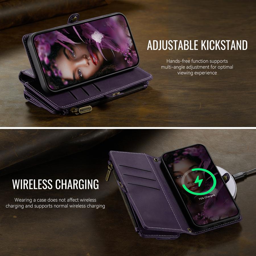 For iPhone/Samsung RFID Blocking Multilayer Wallet Phone Case Purse with 9 Card Slots+Zipper Pocket+Coin Sack Detachable Crossbody Strap + Wrist Strap