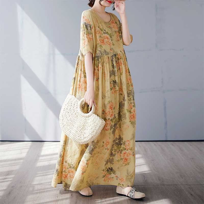 Simple and Fashionable Long Skirt Summer Short Sleeved Round Neck Printed Dress
