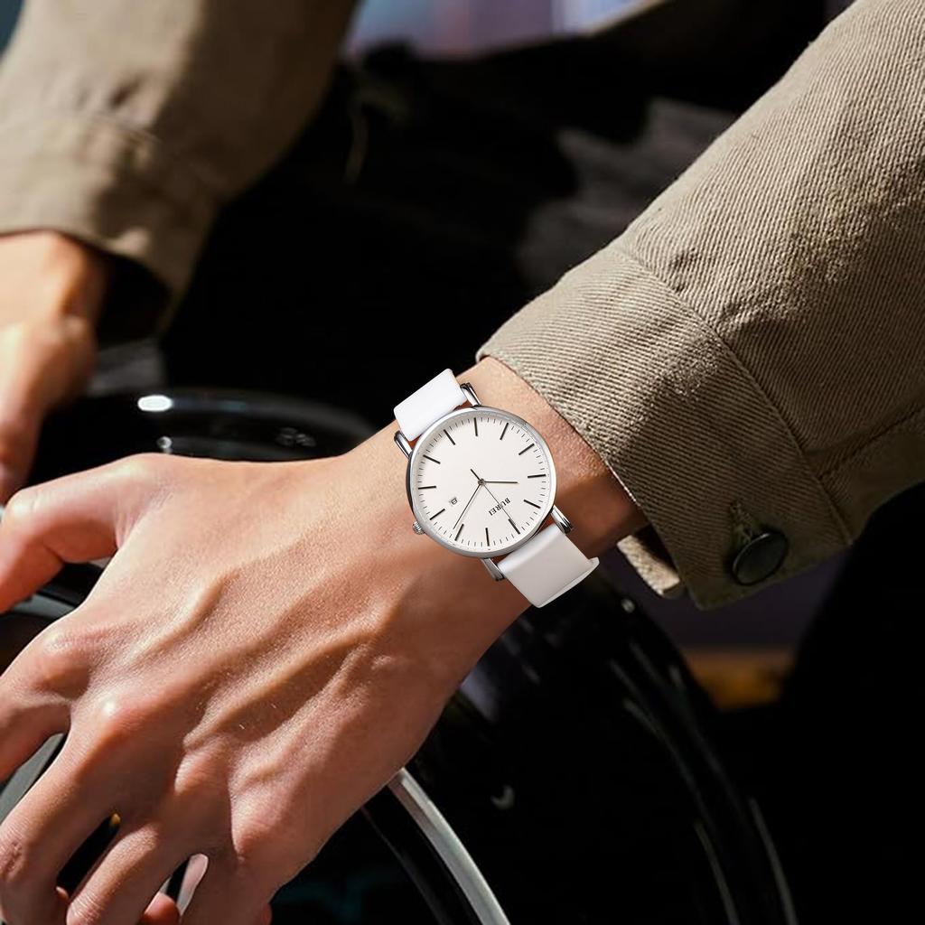 BUREI Men's Classic Analog Quartz Watch Date Ultra-thin Stainless Steel Mesh Band All Silver White Strap