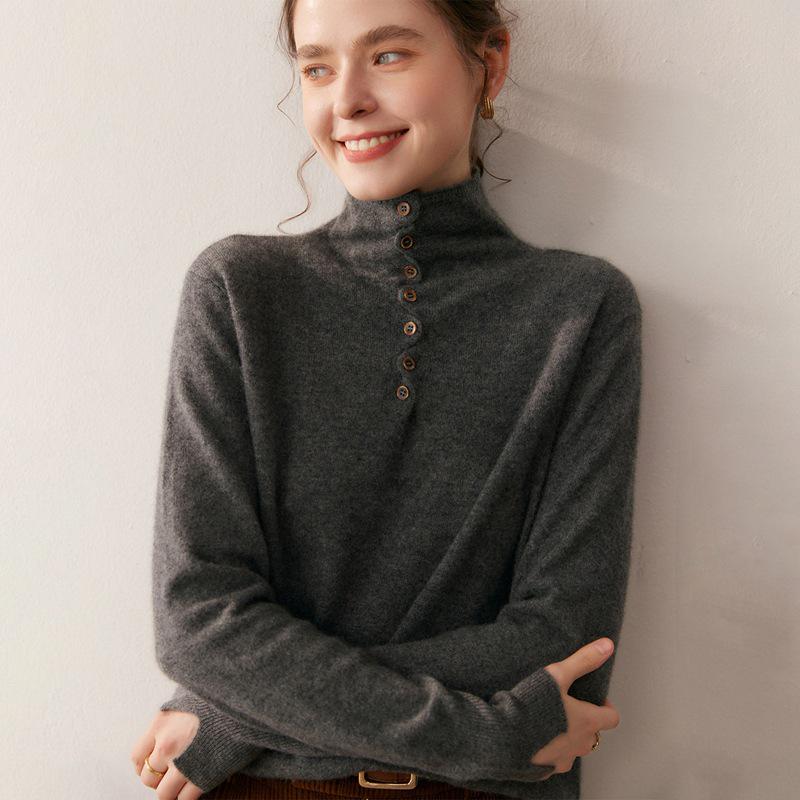 2025 Women's Cashmere Wool High Neck Multi-Button Sweater - Autumn Winter Solid Design