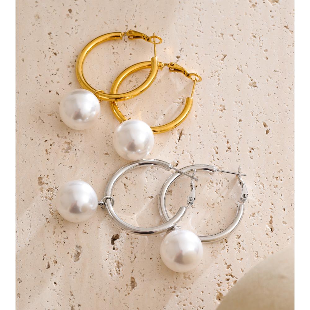 Eetit Pearl Drop Dangle Hoop Earrings Round Imitation Beads Fashion Daily Stainless Steel Korean Chic Quality Jewelry Waterproof