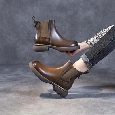 Autumn and Winter Cheshire Short Boots for Women's 2024 New Woman's Thick Sole Genuine Leather Retro Round Head Cigarette Boots
