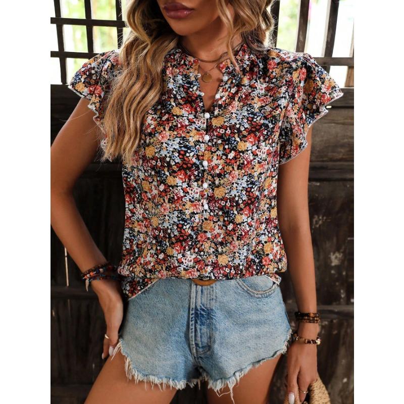 YYFS Dámská móda Ležérní Léto Jaro Květinový potisk Blůzy a košile s krátkým rukávem a výstřihem do V