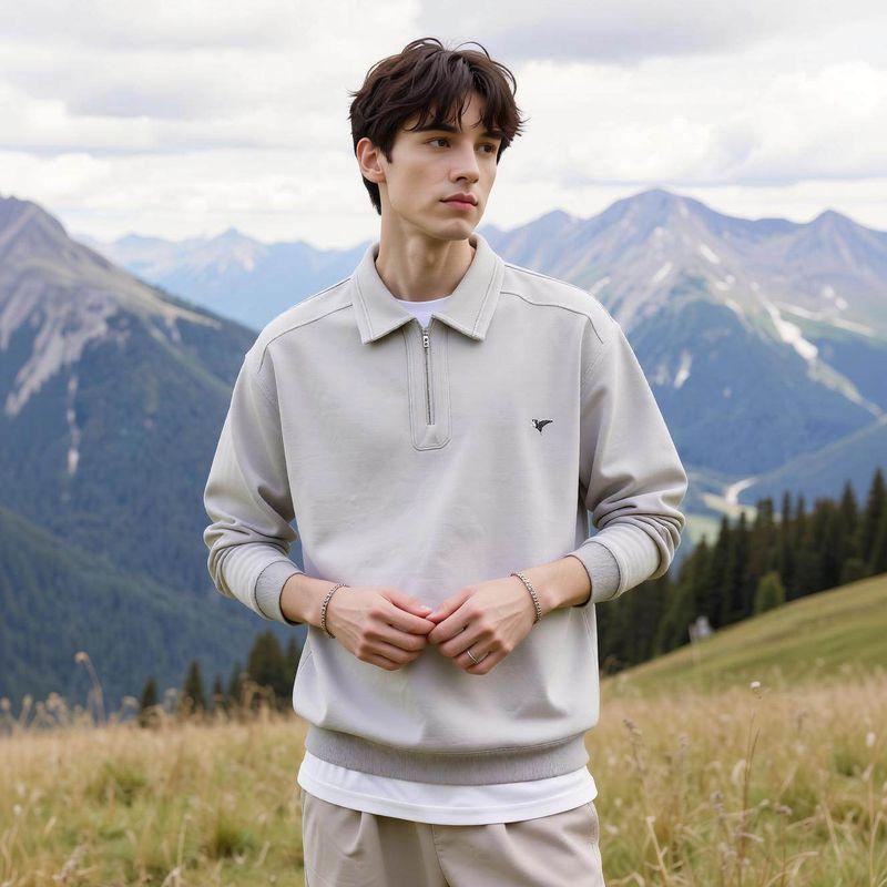 Origami Crane Men's American Casual Top Men's Spring and Autumn Trendy Brand Versatile Half-Zip Sweatshirt Men 16691