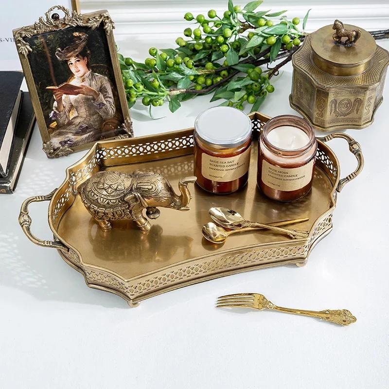 Large Fruit Dish Antique Tea Tray Brass Jewelry Display Plate with Handle Cosmetic Holder