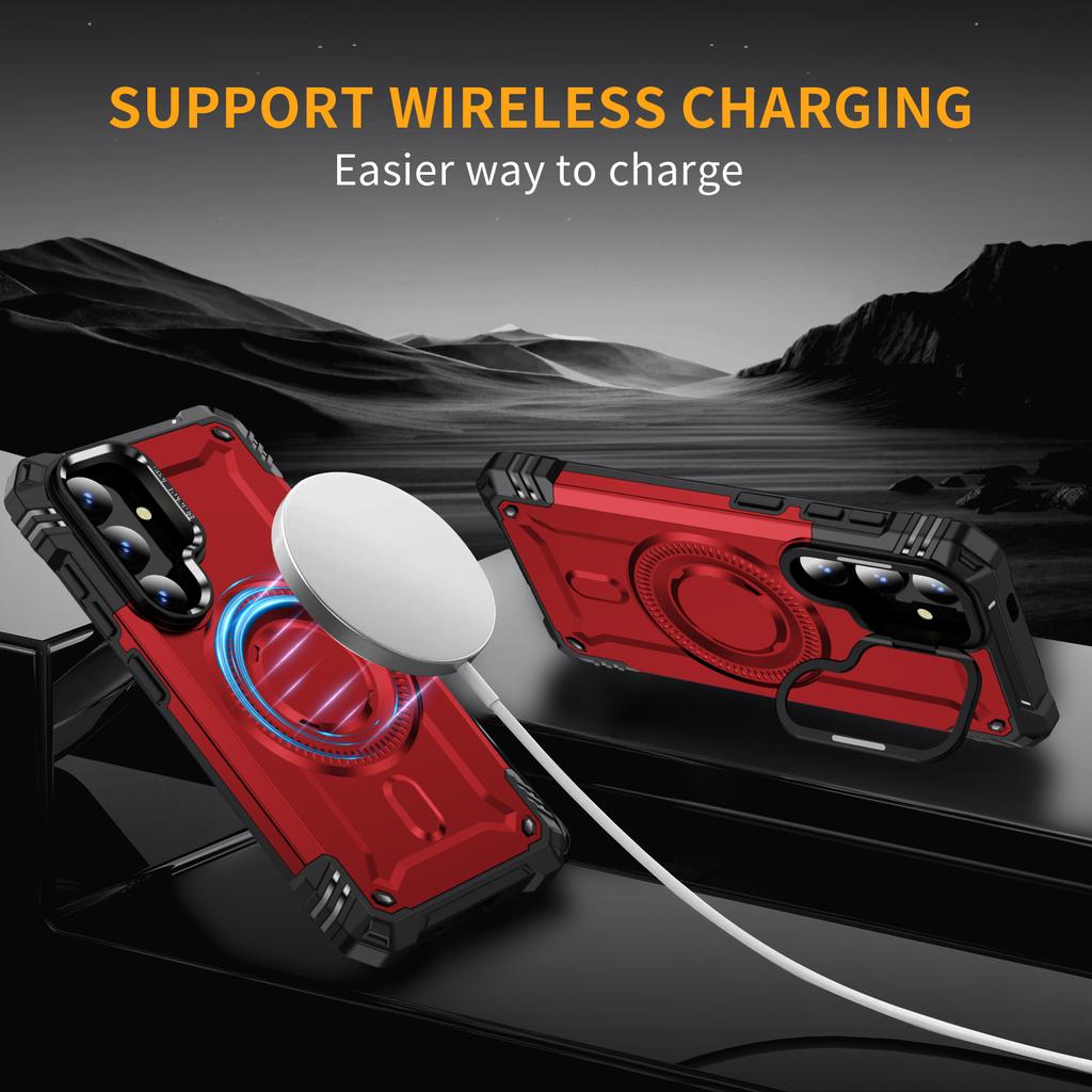 For Samsung Galaxy S24 Magnetic Case Lens Kickstand PC + TPU Shockproof Phone Cover
