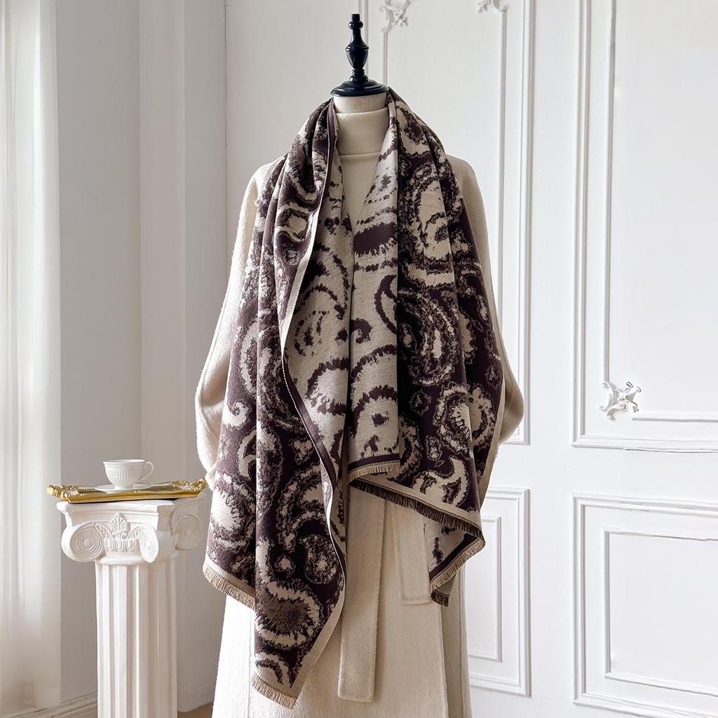 Fashion  Women'S Faux Cashmere Winter Shawl Vintage Print Tassels Thick Warm Pashmina Two-Sided Outdoor Scarf Wraps Foulard