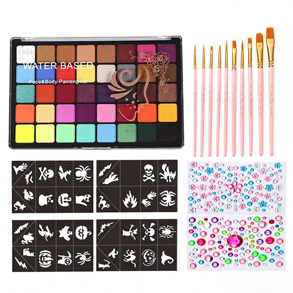 Watercolor Face Paint Palette Set Professional Multiple Body Painting Colors Set with 10 Brush 4 Stencil Stickers 2 Gem Stickers Safe Non Water Ac