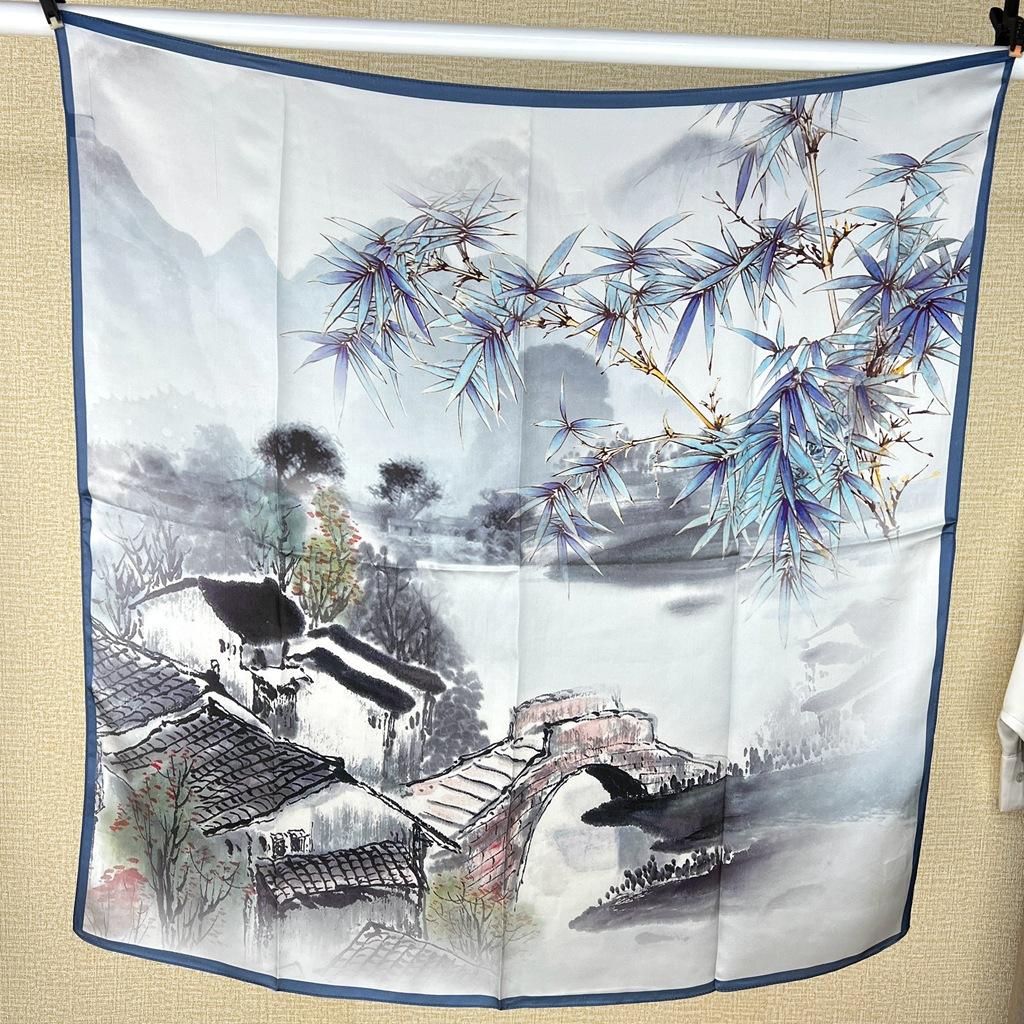 Guochao Chinese Landscape Painting Lotus Flower Versatile 100 Mulberry Silk Square Scarf Thin Shawl Women'S Silk Scarf Silk Scarf