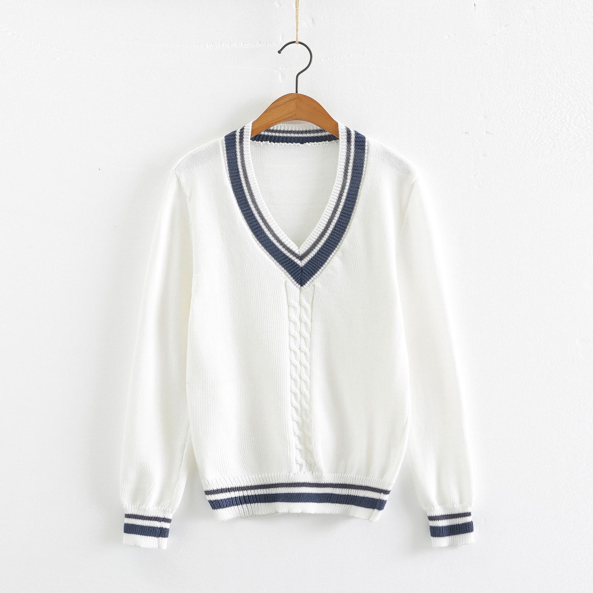 

Gentle Cut Japanese Preppy V-neck White Sweater for Student Activities S