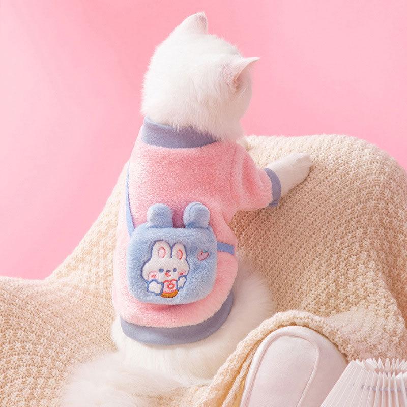 Cat Clothes Winter Contrasting Colors Bunny Satchel Fleece Jacket Kitten Puppy Two-legged Clothing Warm Pet Clothing